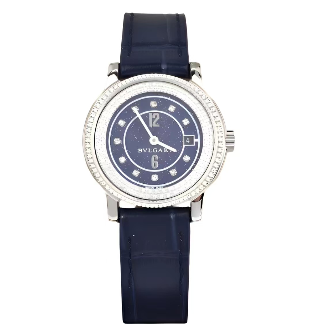 99新 BVLGARI/宝格丽 两针星空蓝钻刻日历窗时尚中古女表29盘xww
