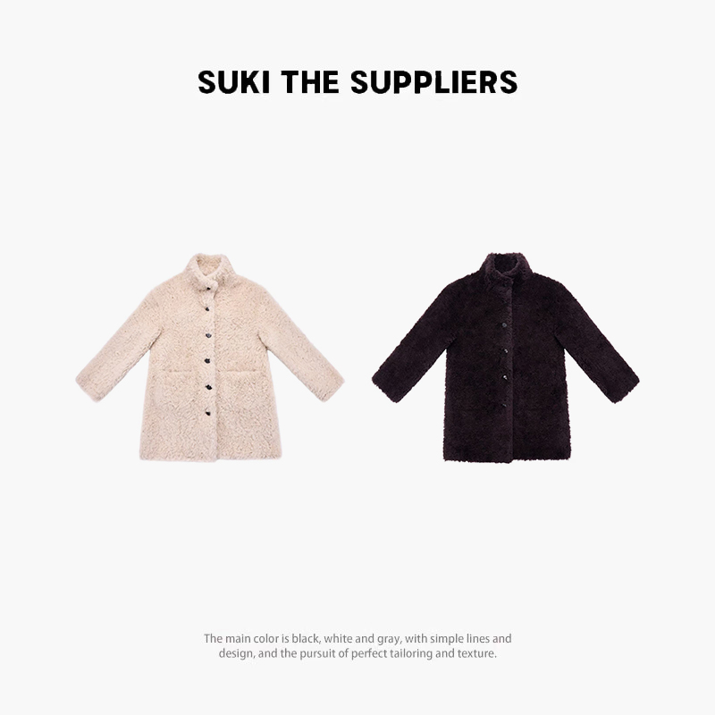 SUKI 100%羊毛立领毛毛中长款羊剪绒保暖外套