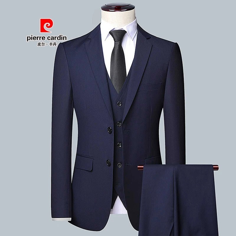 皮尔卡丹休闲纯色修身西服三件套装春秋款男秋季痞帅休闲西装套装