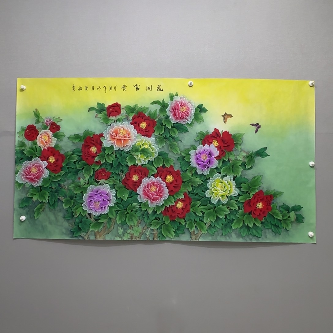 国画横幅六尺工笔牡丹贾敏