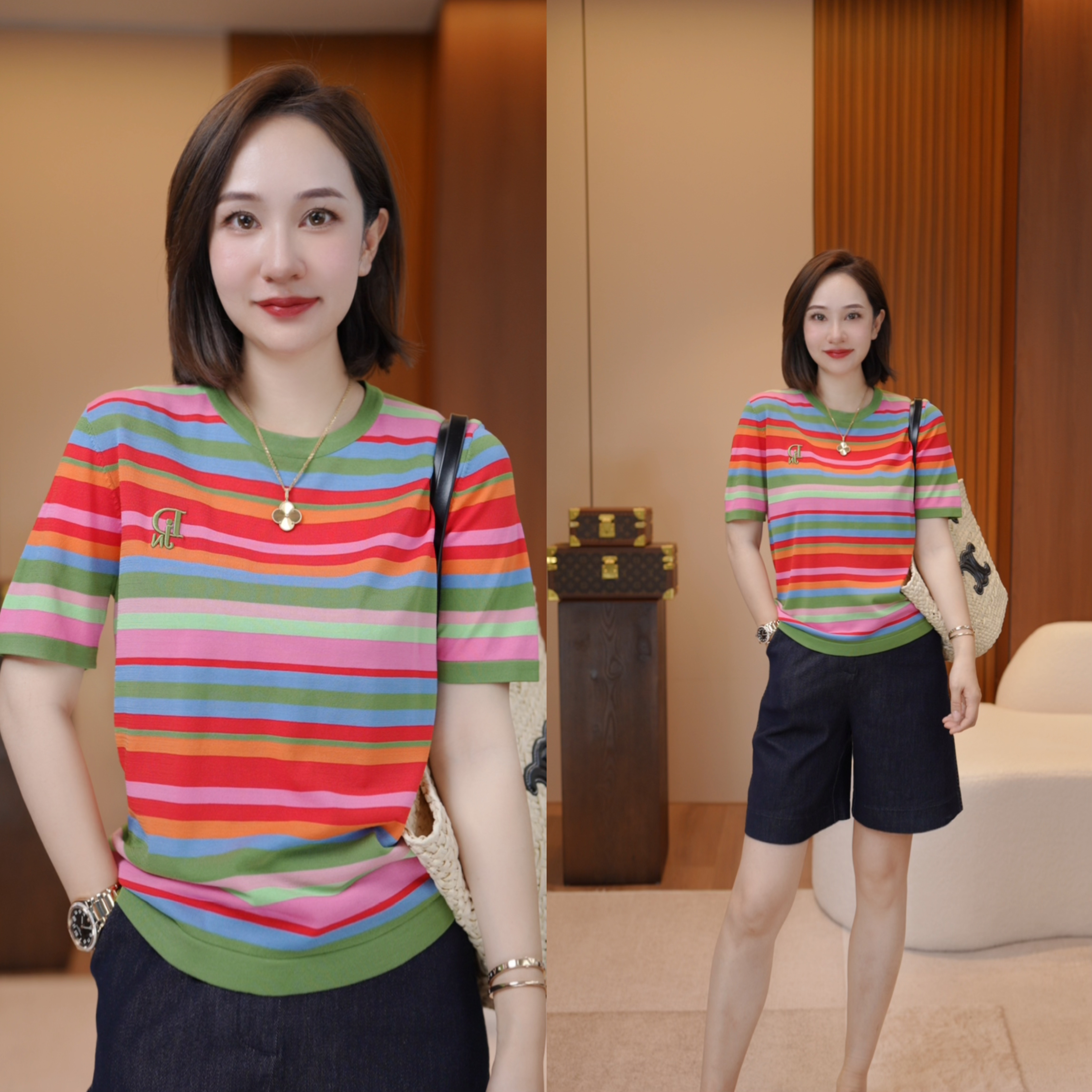 【彩虹条纹】莱赛尔天 丝冰凉感刺绣超弹显瘦彩色针织小衫XY25210