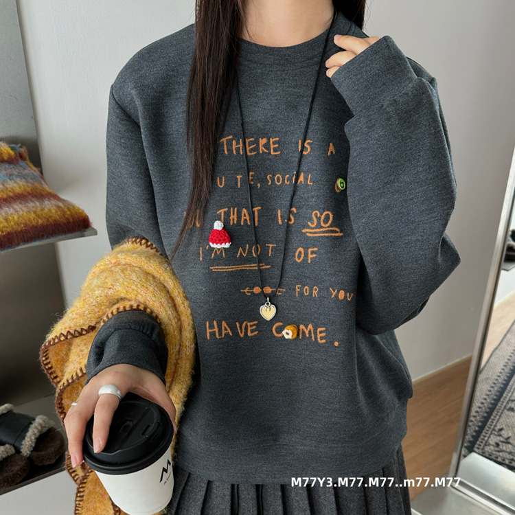 M77Y3正品77507加厚卫衣女2025冬季羊毛混纺圆领字母刺绣保暖上衣