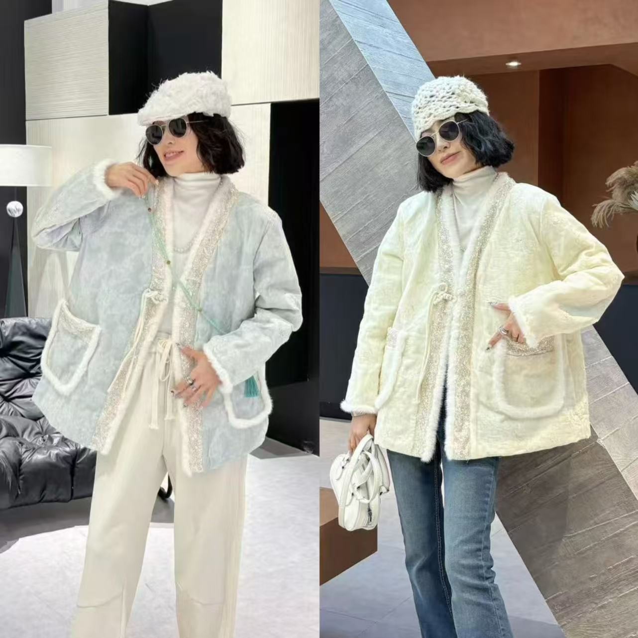 清苍价~深圳61097棉外套南油高定流苏水貂毛重工钉珠薄棉衣二棉服