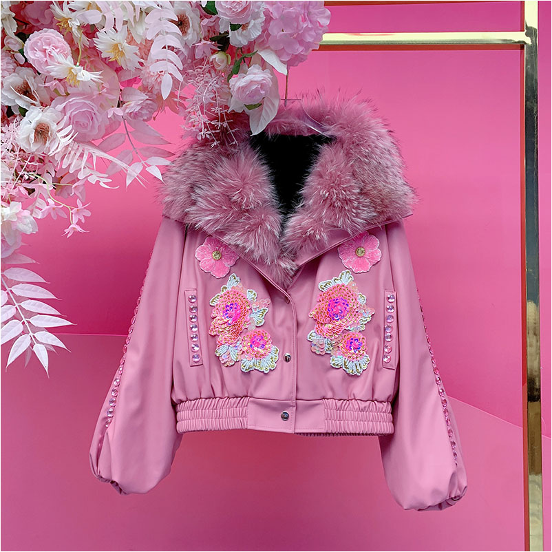 A5226欧美设计师2025冬季新款重工钉珠刺绣亮片花朵貉子毛领外套
