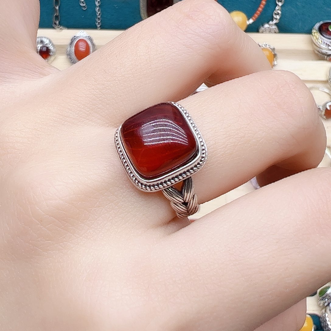 血珀戒指银S925镶嵌天然