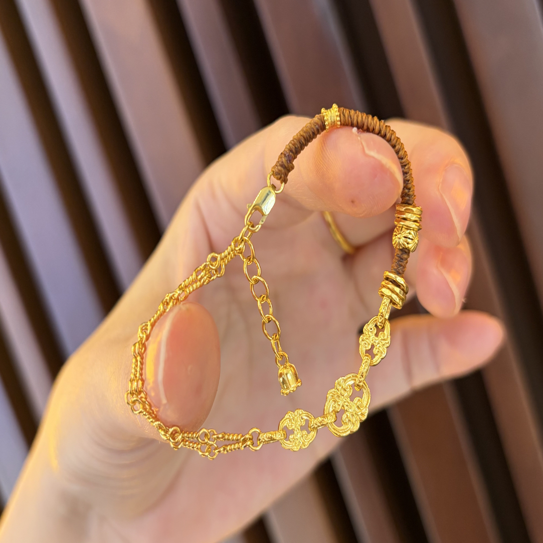 足金999 祥云许愿骨盘缠手链 双层黄金手链 高级时尚手绳