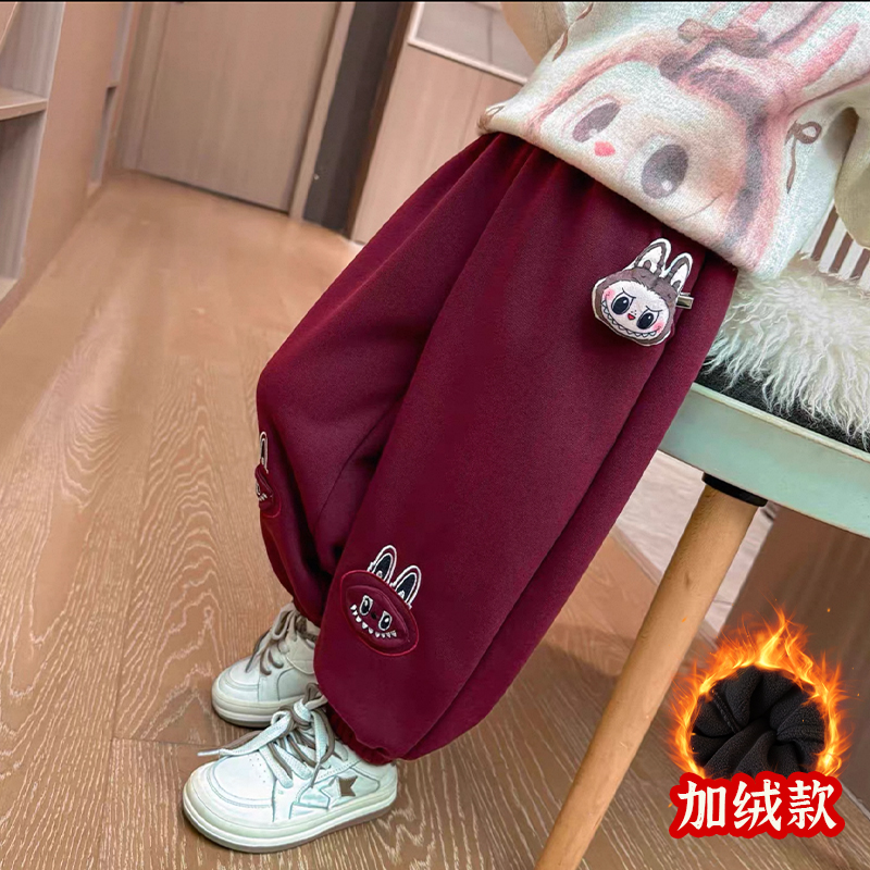 儿童秋款加绒加厚卫裤女童卡通玩偶长裤子刺绣学生百搭一体绒卫裤