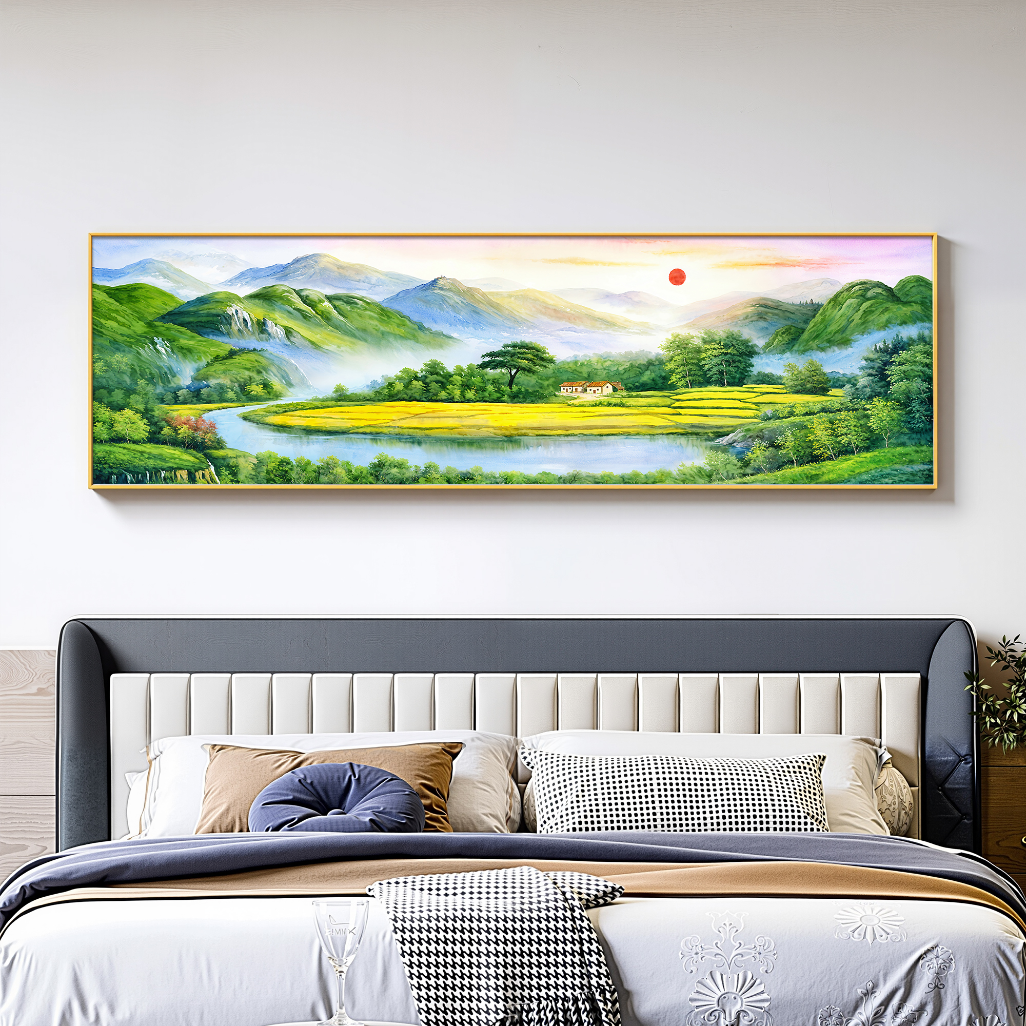 现代田园卧室床头装饰画民宿主卧壁画酒店宾馆房间背景墙晶瓷挂画