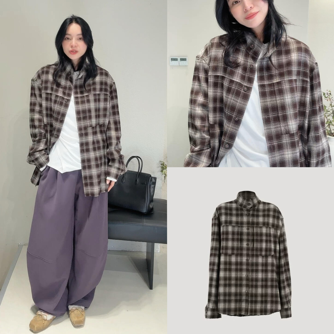 现货秒发YOE复古贴袋衬25秋冬新款宽松廓形格纹小立领叠穿衬衣女