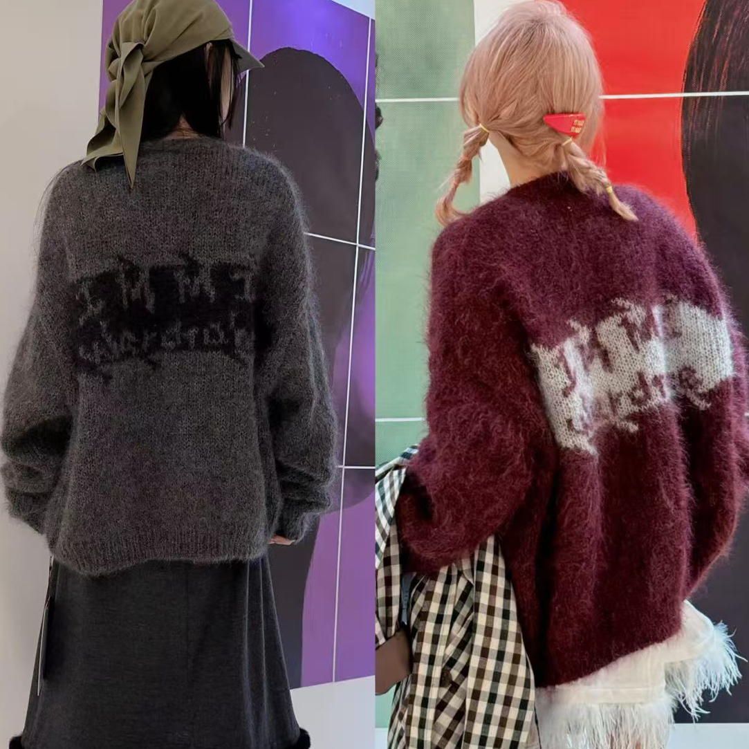 现货爆款 超细马海毛宽松圆领开衫毛衣外套设计师品牌