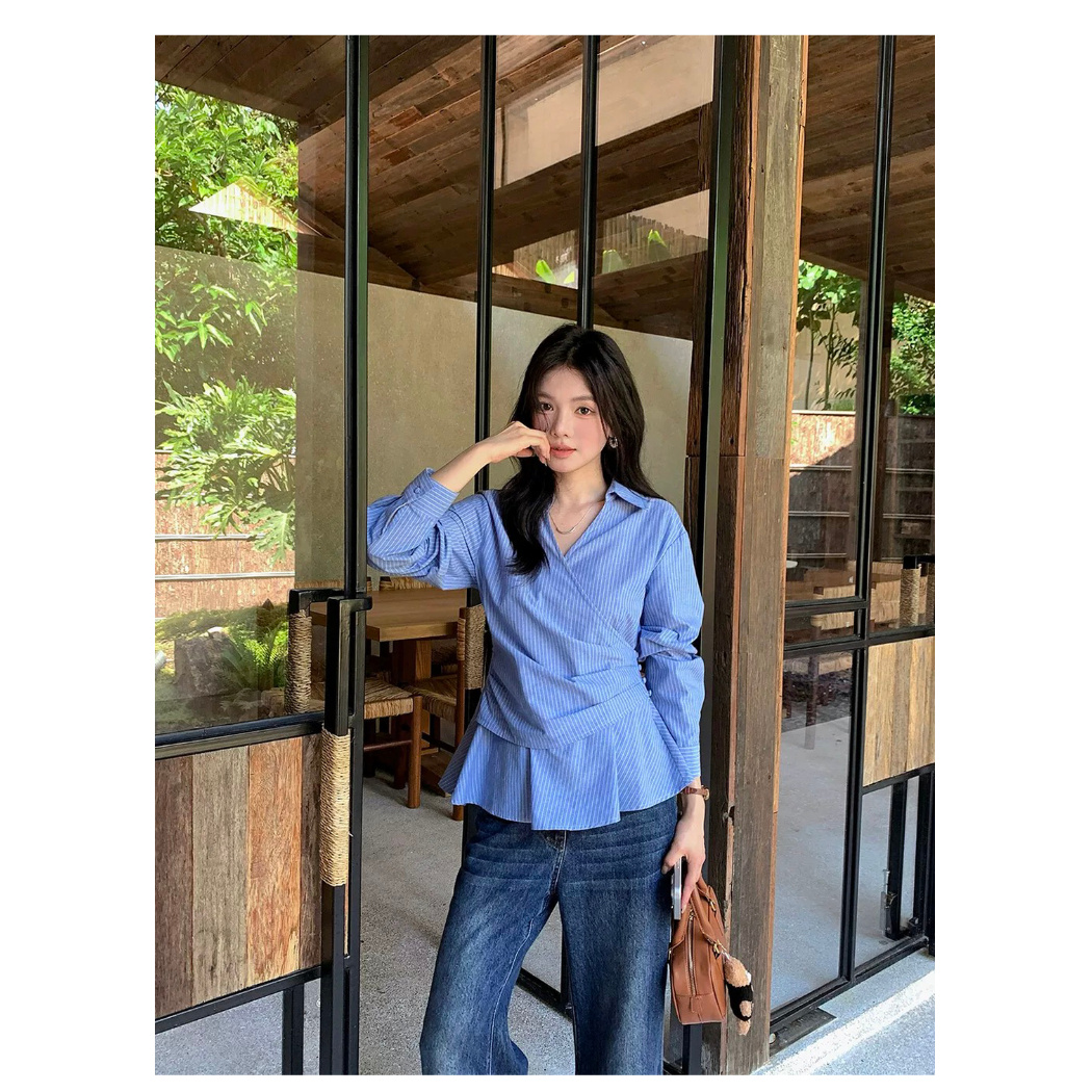 微胖女装秋季新款韩系百搭收腰显瘦衬衫胖MM长袖小衫条纹上衣8322