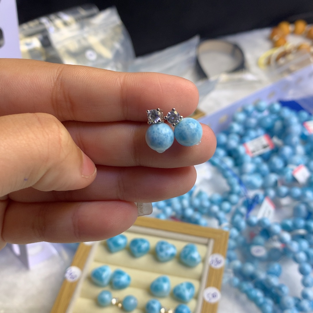 针钠钙石（海纹石）耳饰银S925镶嵌美***?