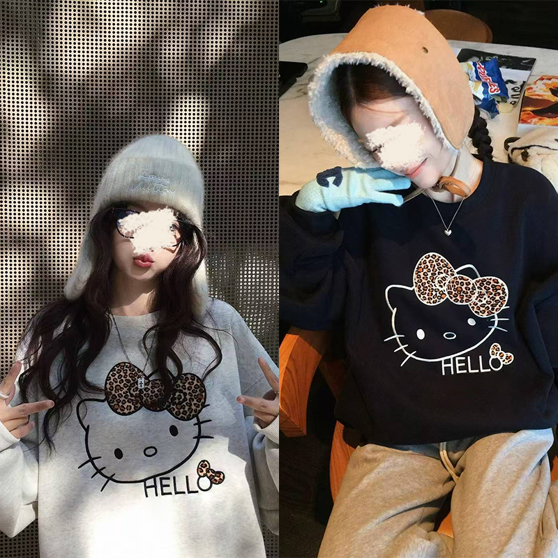 【mimius】肉肉 加绒加厚豹纹凯蒂猫可爱减龄圆领宽松卫衣 G11239