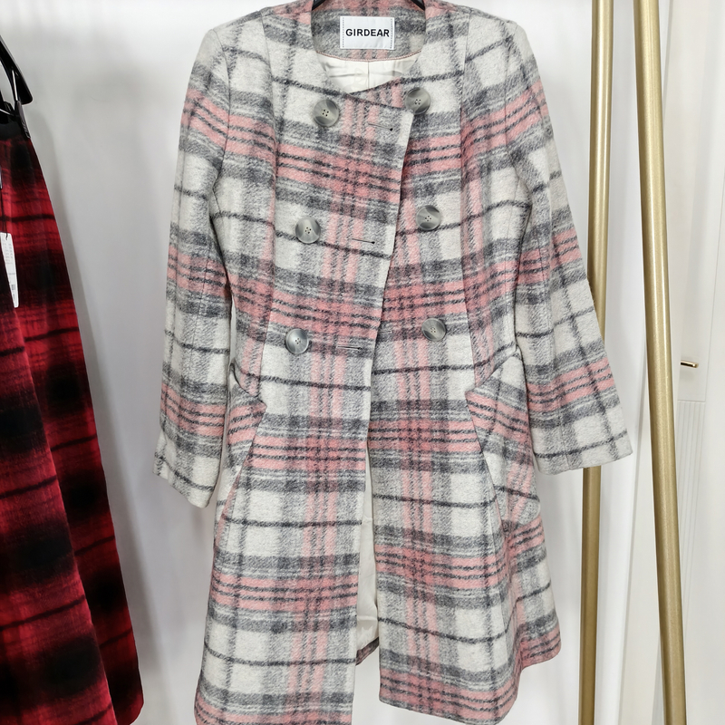 不退不换/哥家 中长款时尚毛呢外套格子休闲女装1001-400684