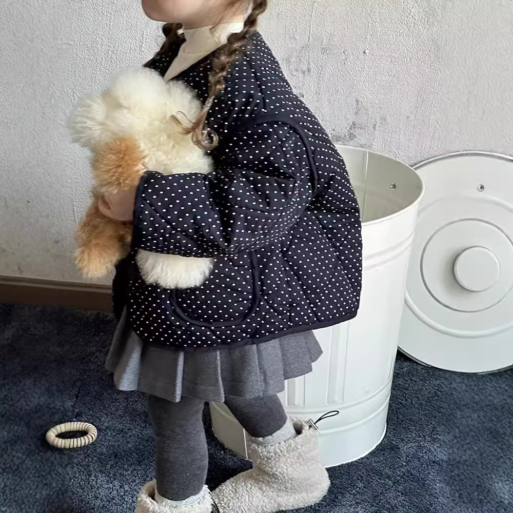 韩版圆点女童单排扣薄棉外套