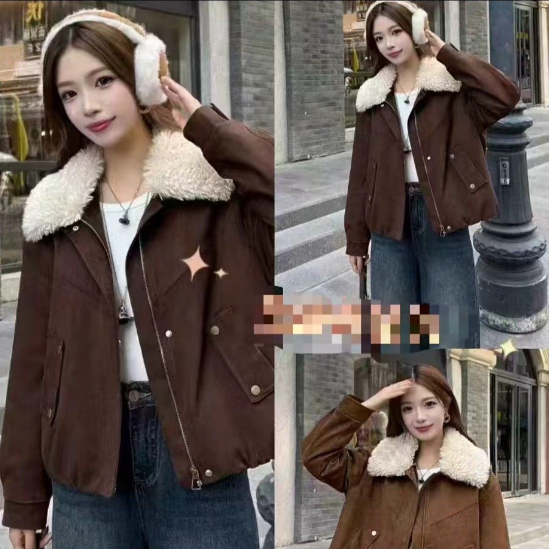 902鹿皮绒可拆卸毛领加绒加厚外套（衣长56左右）