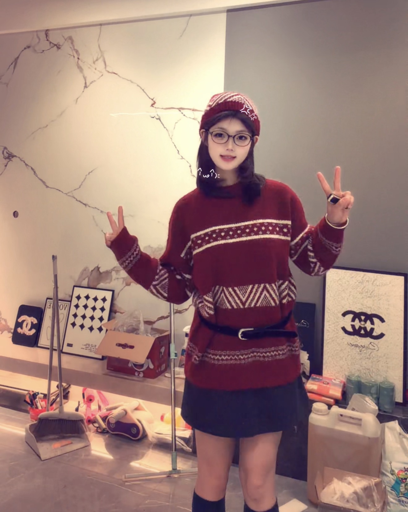 （红色条纹毛衣两件套）秋冬宽松百搭时尚针织网红