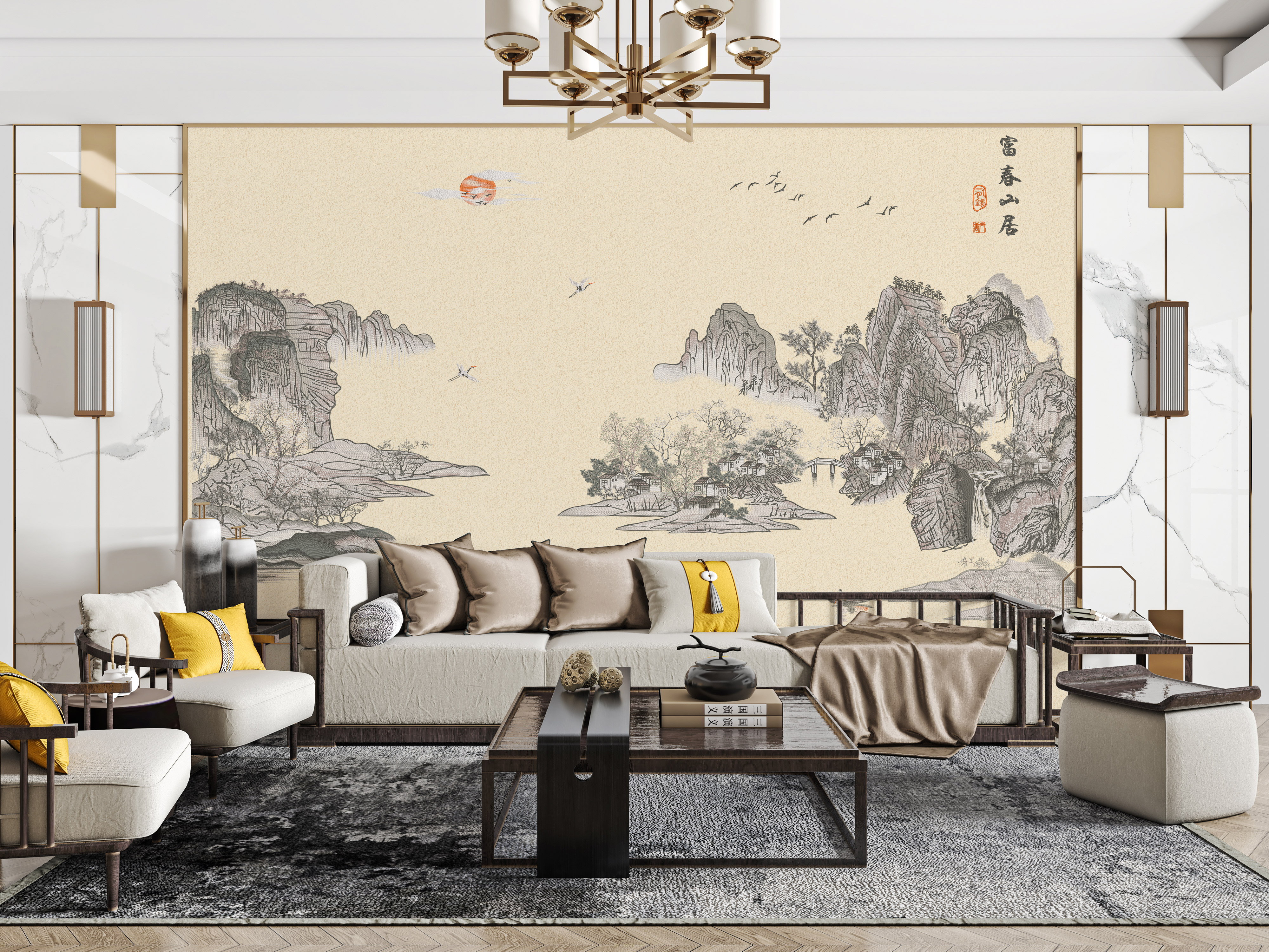 定制富春山居风格新中式独绣墙壁布可用于客厅书房装饰