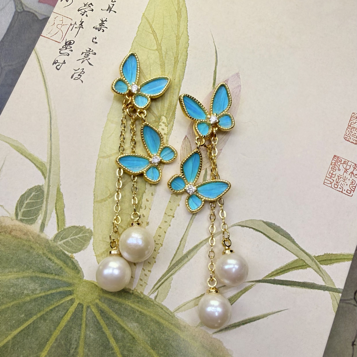 铜合金羽毛耳饰 【灵蝶】鹦鹉毛点翠工艺灵蝶耳饰手工气质长款