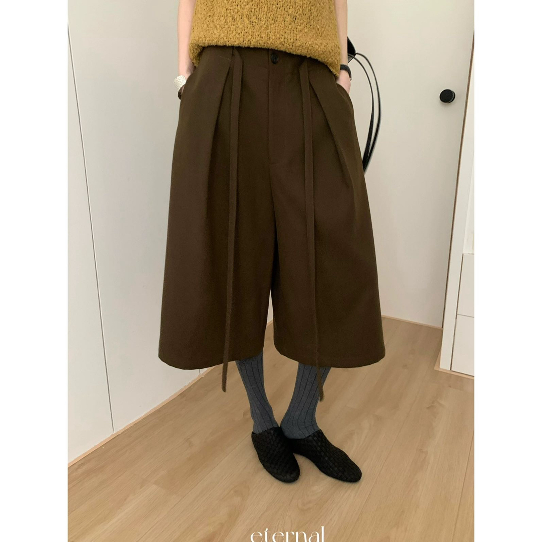 2025秋季毛呢气质高腰显瘦简约复古设计阔腿宽松九分直筒休闲裤女