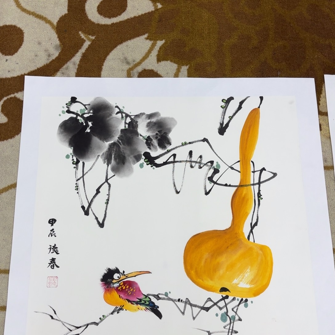 国画德春四尺斗方花鸟