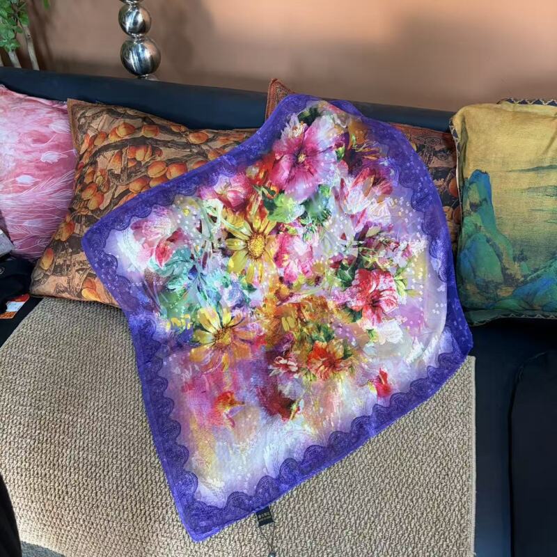 X184（紫边油画）2025年新款国风百搭时尚围巾70*70左右  [无礼盒]