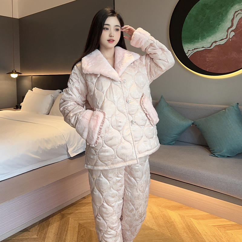 庆同法式高级感睡衣女秋冬加厚三层夹棉棉服棉袄甜美可外穿家居服