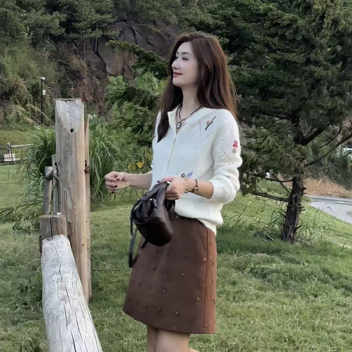 Collection今屿【康小花】马海毛植绒提花菱形格开衫 JY2503M3983