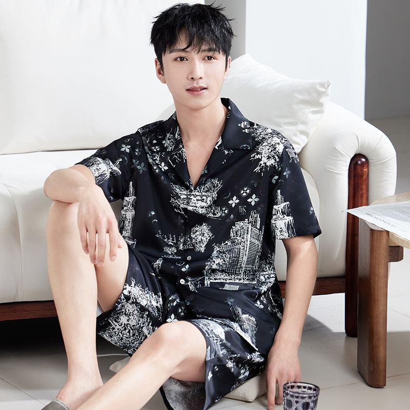 高级感宽松情侣印花家居服短袖短裤轻奢套装