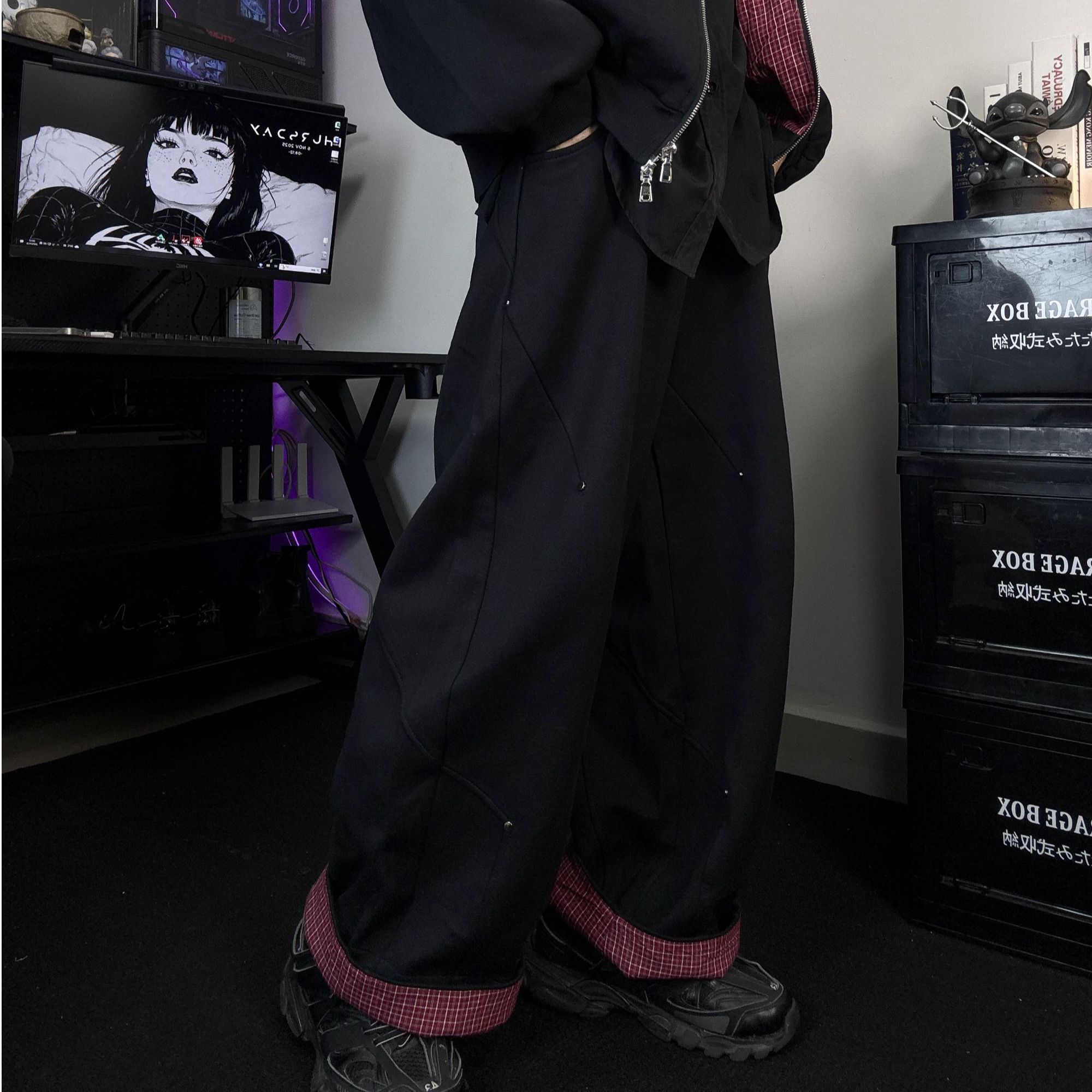 11LEVENN撞色卷边几何图案小众设计宽松垂感阔腿裤