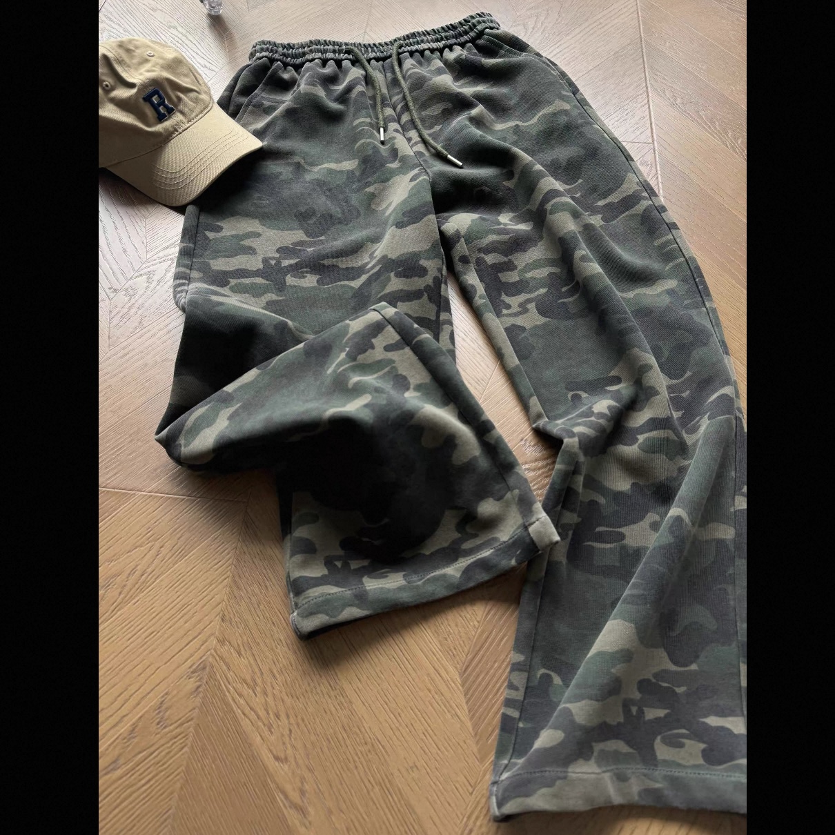 美式复古迷彩弯刀卫衣男女街头穿搭潮流直筒长裤-2608