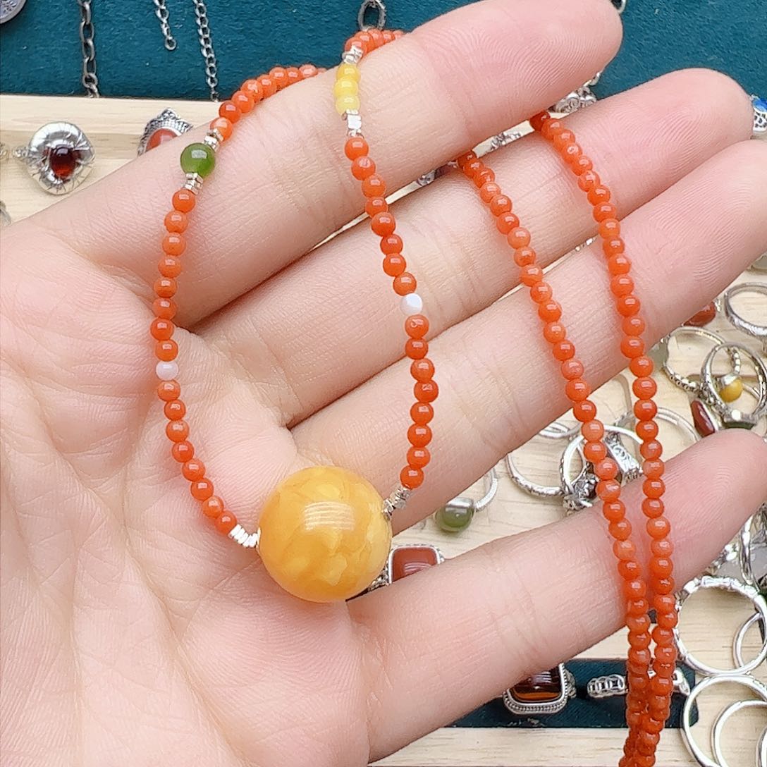 蜜蜡颈饰银S925镶嵌天然