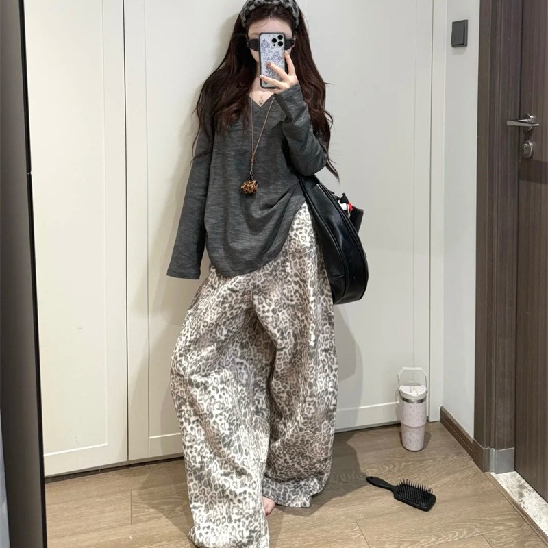 豹纹设计感牛仔裤女秋季高个子加长版复古解构廓形阔腿弯刀香蕉裤