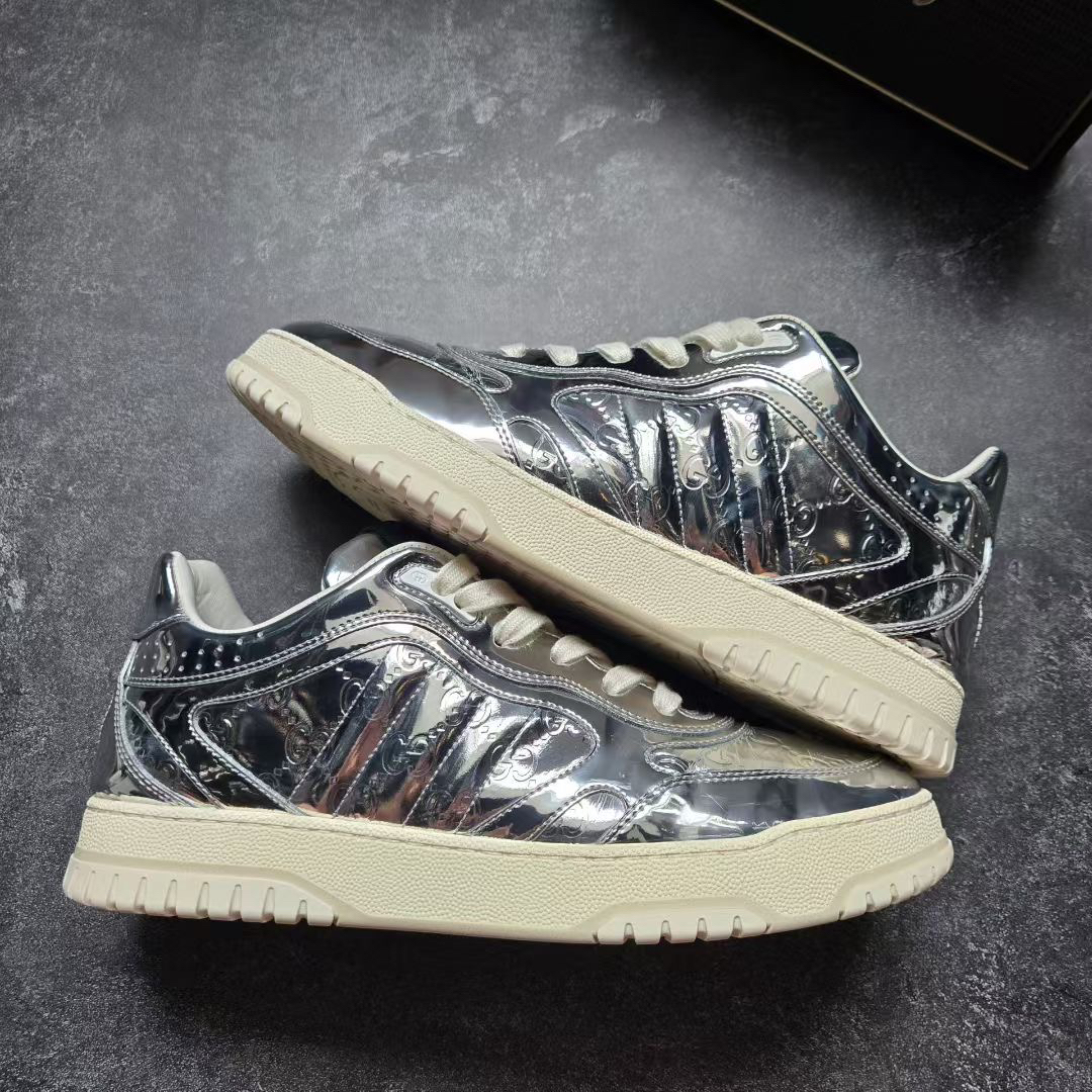 99新 GUCCI/古驰 RE-WEB 金属银满印老花板鞋 9码/43码 