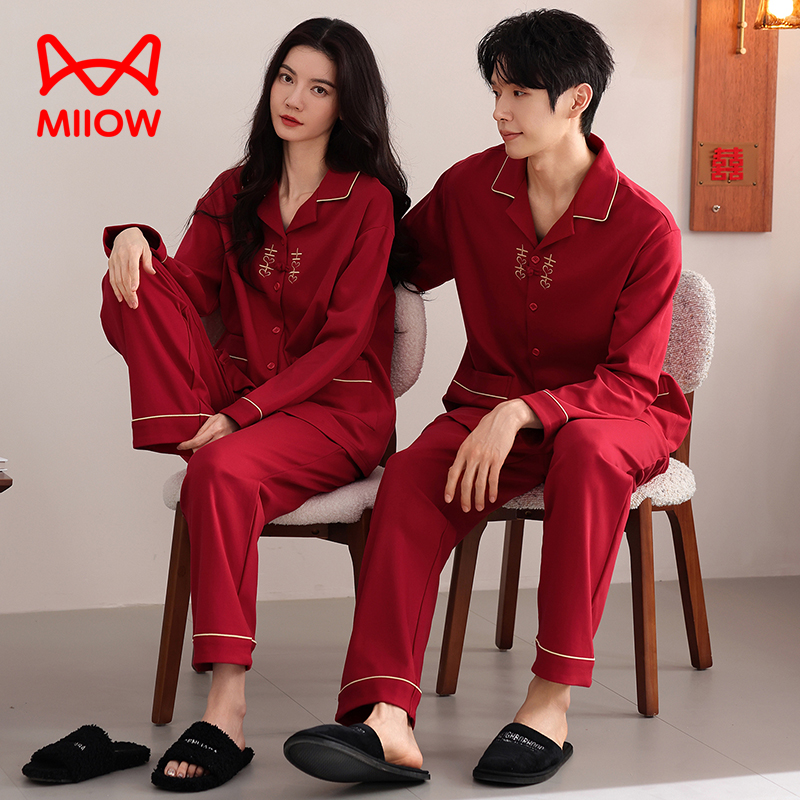 MiiOW/猫人春秋季纯棉大码红色喜庆宽松情侣休闲长袖睡衣套装