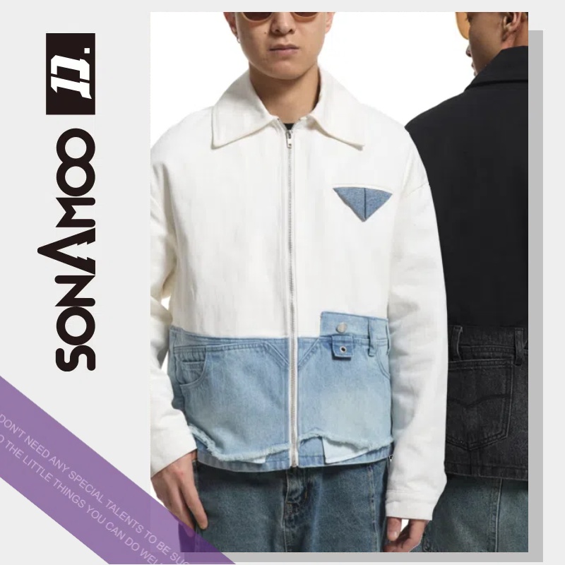 【】sonAmoo夹棉字母重工洗水拼接男士百搭牛仔外套D18991