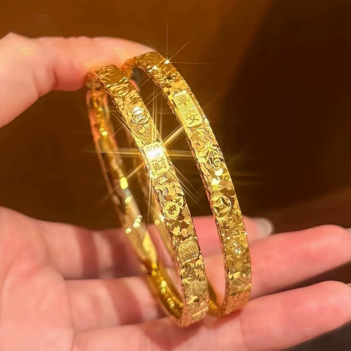 铜合金手镯 【精工版】平安招财吉言三面碎冰冰手镯金色碎碎冰手环