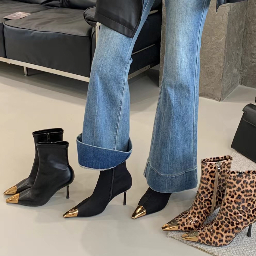 法式金属方头高跟短靴女秋冬百搭小踝靴细跟时装配裙子瘦瘦短靴子