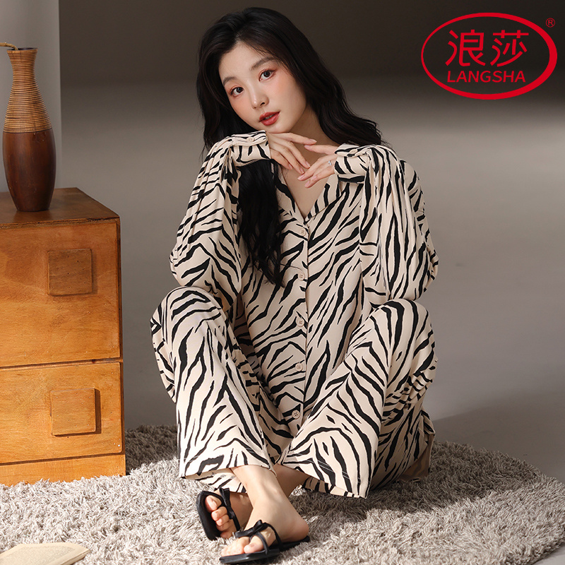 浪莎正品新款中古风高级感慵懒睡衣可外穿家居服长袖翻领舒适女春