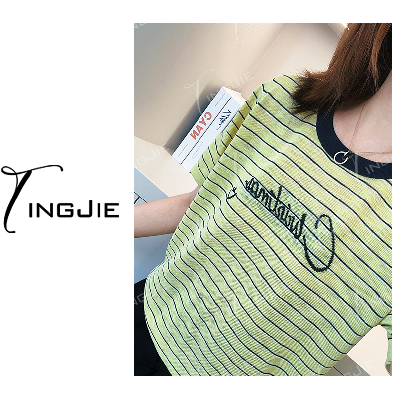 【亚麻轻语】高配亚麻条针织条纹薄款巨凉快B2802夏季短袖针织上衣