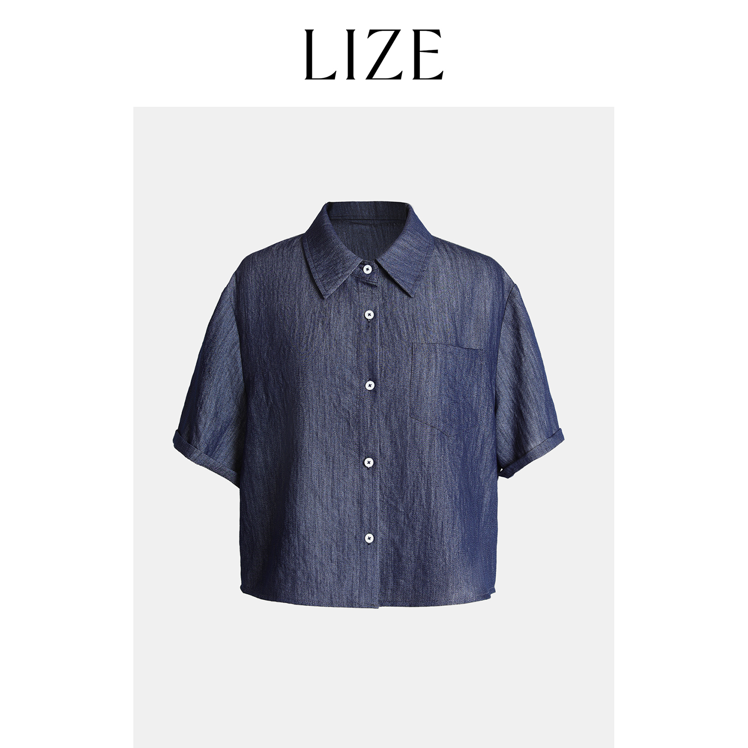 LIZE「静海公式」定纺牛仔色皱感面料.短袖衬衫ZEA0154-上衣