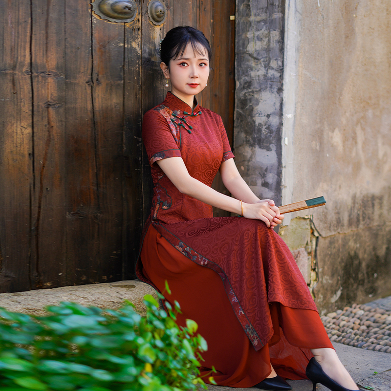 如意风夏季新款新中式奥黛旗袍裙端庄红色气质感妈妈婚宴装25R575