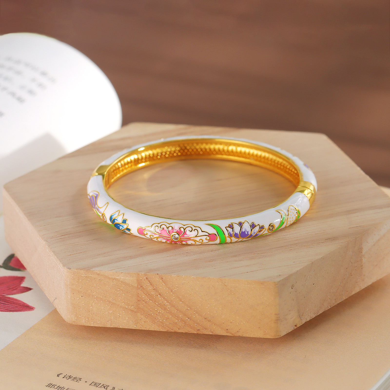 黄铜手镯 北京景泰蓝莲子荷花手镯女掐丝珐琅复古民族风开口手环