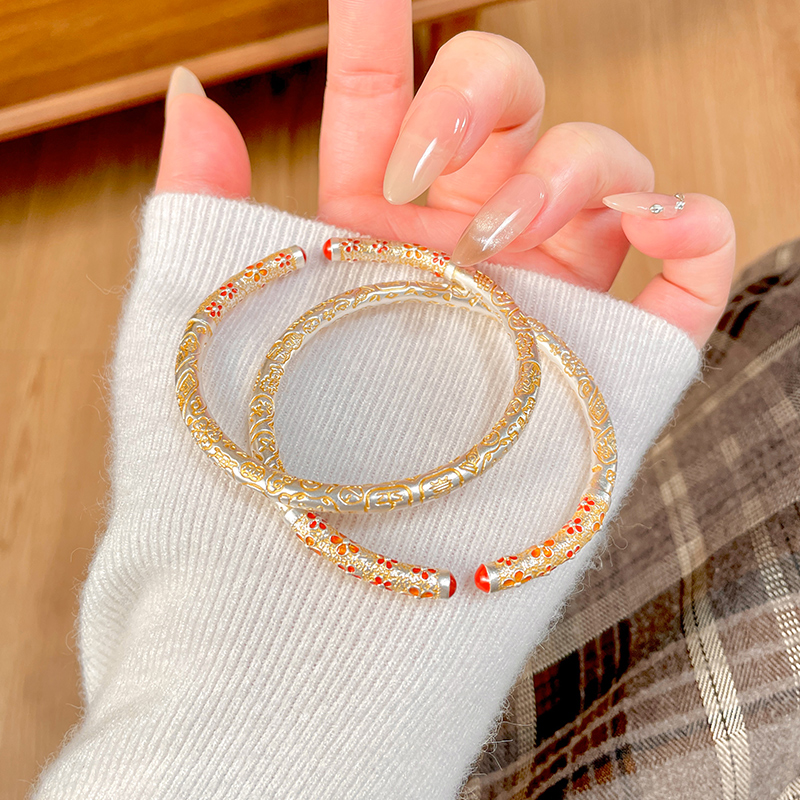 足银珐琅手镯 「吉梅」足银999.9梅花吉言手镯女描金闭口银手镯