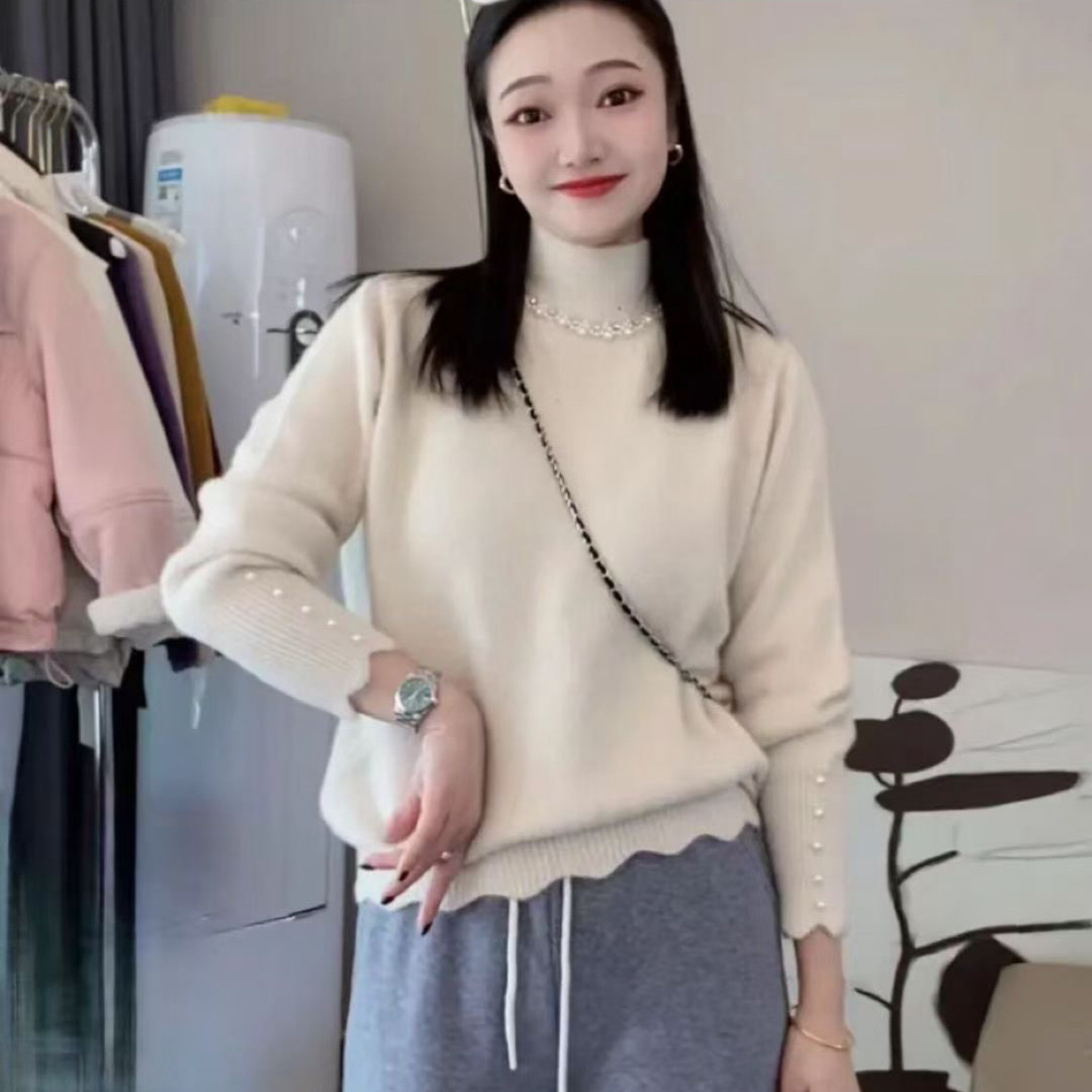 21160冬半高领针织衫钉钻公主肩气质打底内搭毛衣