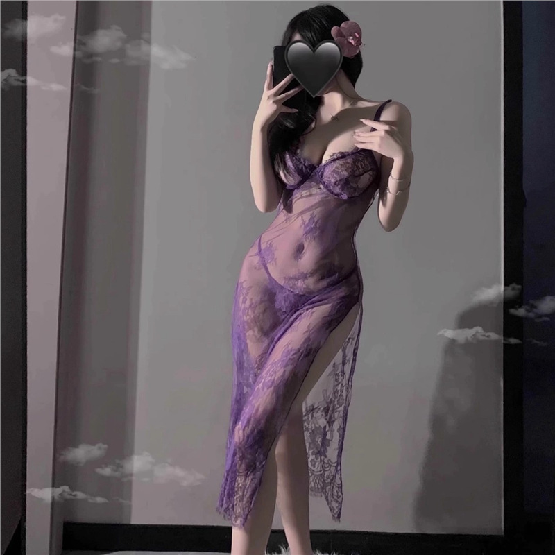 内衣性感床上挑逗韵味紫色吊带睡衣女款外贸蕾丝开叉长裙思诗