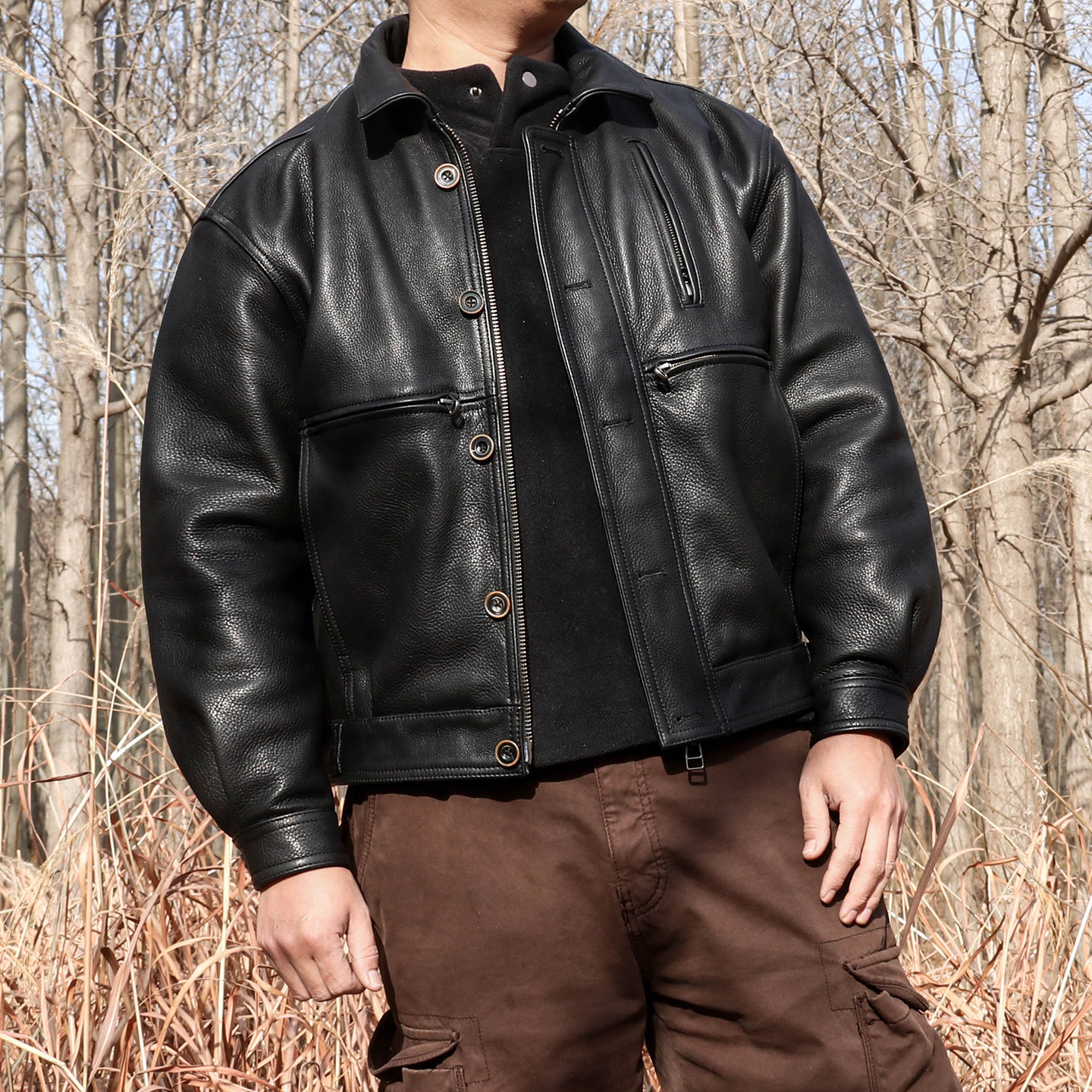 复古港风阔版真皮皮衣短款无涂水染牛皮夹克春秋季老爹款工装外套