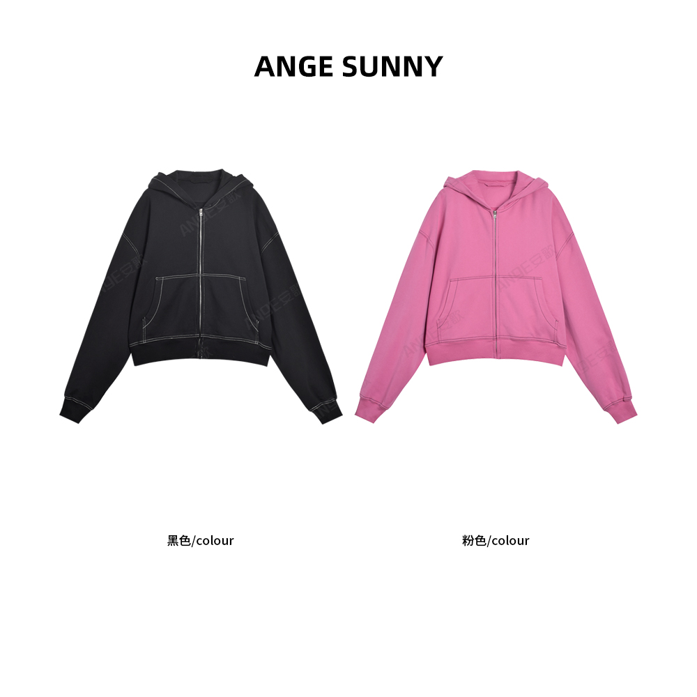 ANGE SUNNY【Ac拉链连帽卫衣】字母刺绣口袋长袖上衣时尚百搭