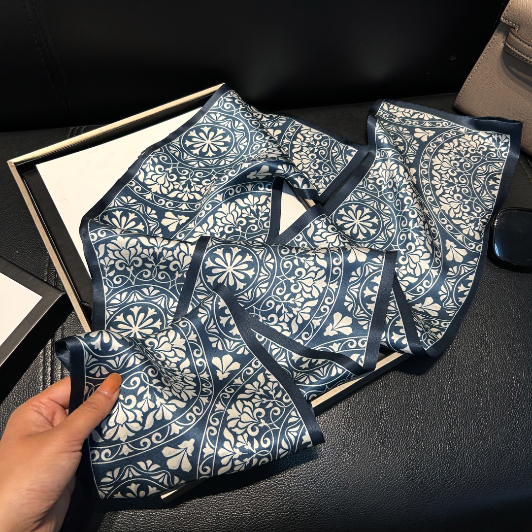 Hongxi Scarves/鸿晰丝巾桑蚕丝双面景泰蓝印花145长巾飘带J083