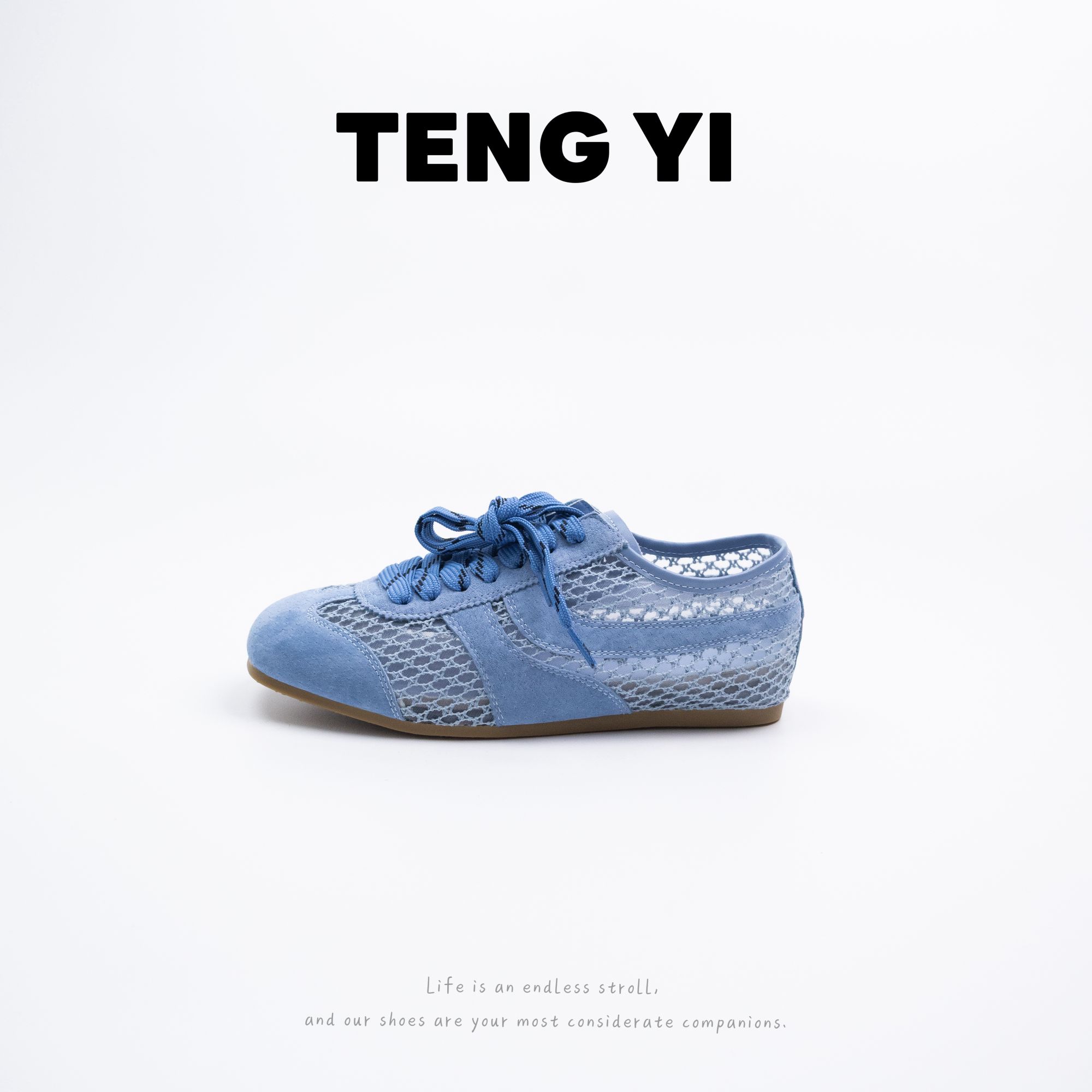 TENG YI【设计线新品】2025真皮网面缕空透气平底休闲运动德训女鞋